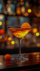 Monkey Gland cocktail served in a classic glass in a lively bar setting with vibrant bokeh lights