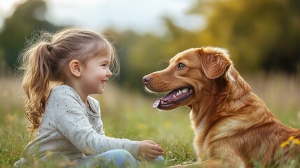 Adorable little girl smiles lovingly at her loyal golden dog companion while sitting in a grassy field in nature.