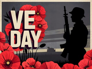 A solemn silhouette of a soldier against a battlefield sunset, commemorates VE Day amidst vibrant red poppies, a poignant tribute to peace.