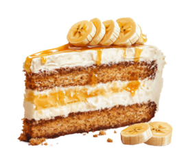 Delicious banana cake slice kitchen food bright isolated on transparent background, png