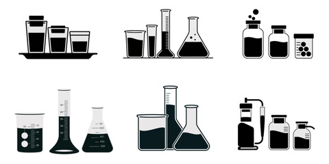 Lab flasks black silhouette test icon set, flasks for chemical experiments. Glass flask for alchemy, magic drinks. Science laboratory icons. Chemistry icon, Chemistry conical flask Icon silhouette set