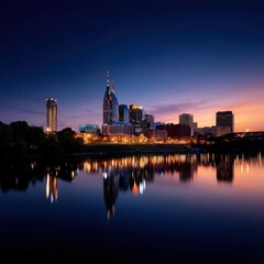 Fototapeta premium Stunning cityscape at night featuring the vibrant nashville skyline illuminated by bright city lights and dusk sky