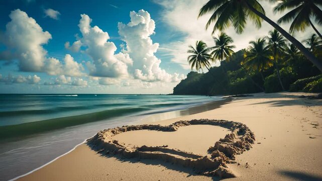 Tropical island beach showcasing a heart shape in the sand. Perfect romantic love and honeymoon proposal summer getaway theme. Breathtaking nature romance and couple emblem.