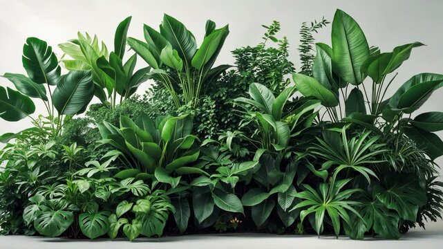 Tropical garden landscape shrubs showcasing diverse green leaf plants, a bush of vibrant foliage set against a white background with a clipping path.