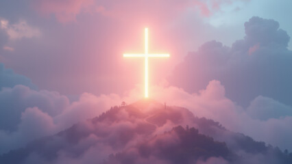 Fototapeta premium A cross with a pink sky background, representing Christian faith and serenity.