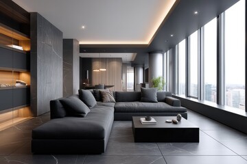Cozy modern living room featuring a large couch and expansive with a view in a dark apartment design