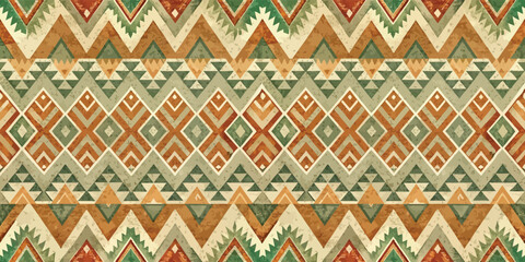 Colorful geometric pattern featuring green, orange, and beige tones.