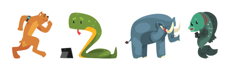 Animal Character with Mobile Smartphone Gadget Vector Set