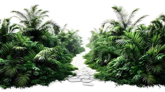 Jungle pathway landscape background with green vegetation, cut out transparent