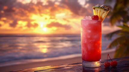 Enjoying a classic Singapore Sling cocktail during a vibrant sunset at a tropical beach