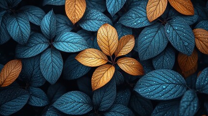 Autumnal Leaf Tapestry: A Symphony of Teal and Gold