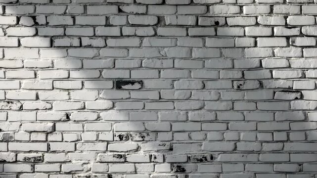 Horizontal brick wall featuring white, black, and gray colors. Aged and uneven textured surface of a structure. Grayscale urban background. Bricks coated in white.
