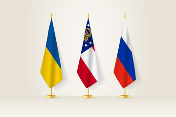 Diplomatic Meeting Representation, Ukraine, Georgia and Russia Flags. Flags on Diplomatic Stands.