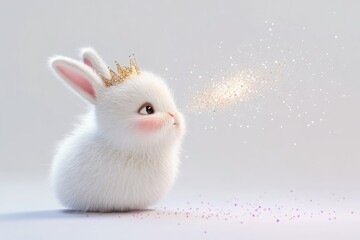 Adorable white bunny wearing a golden crown, magically blowing glitter.