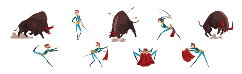 Man Toreador with Sword and Red Clothes Fighting with Furious Bull Vector Set