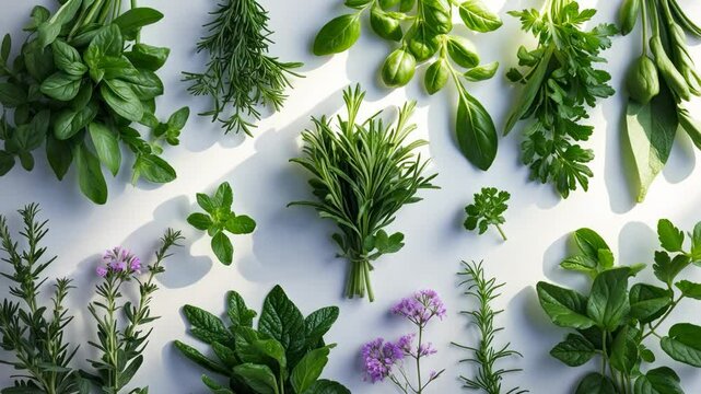 Various kinds of fresh garden herbs displayed on a white background.