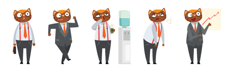 Obraz premium Businessman Cat Character in Suit in Different Situations Vector Set
