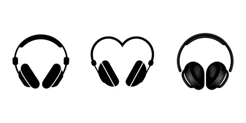 set of headphones silhouette, black and white silhouette, vector and illustration, Headphone silhouette icon set vector on white background, solid black headphone silhouette vector art with. headphone