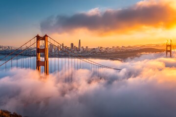 Golden Gate Bridge: The iconic Golden Gate Bridge in San Francisco, bathed in a warm, early morning glow, pierces through a sea of ethereal fog, revealing the city's skyline in the distance. 