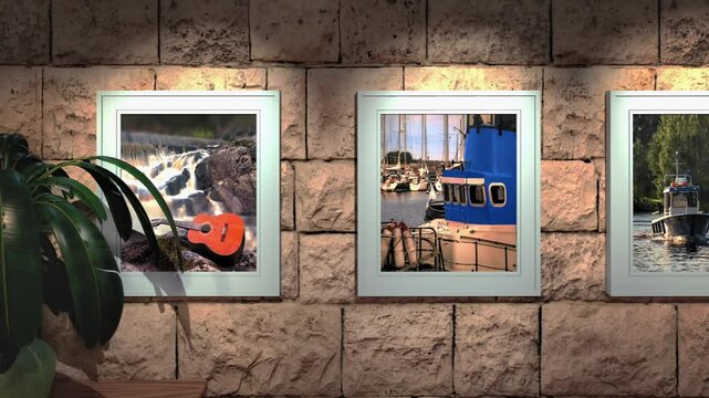Printed art photo gallery 3d animation with nice sandstone wall and house plant and nice lighting. Sea, water and sailing themed photos from this same portfolio. 
