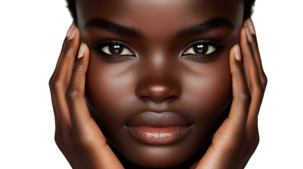 portrait of a beautiful young black woman covering her face with her hands, isolated photo on a transparent background, PNG image, PNG file, Generative art.