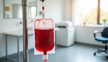Close-up of blood donation bag in clinical setting, health awareness