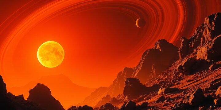 Crimson sun sets over rocky exoplanet, swirling orange atmosphere, mountains, night sky