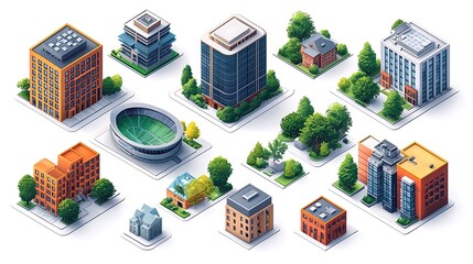 A professional vector pack of city landmarks including a stadium, museum, shopping mall, and residential buildings, with trees and sidewalks, white background, isometric view, sharp and modern