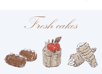 Three fresh brownies with cream, berries, chocolate, delicious pastries, tasty dessert, sweet cakes, outline hand drawn vector illustration, lettering