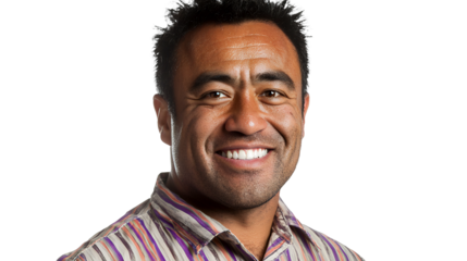 a photo of a man in a striped shirt smiling at the camera on a transparent background, PNG image, PNG file, Generative art.