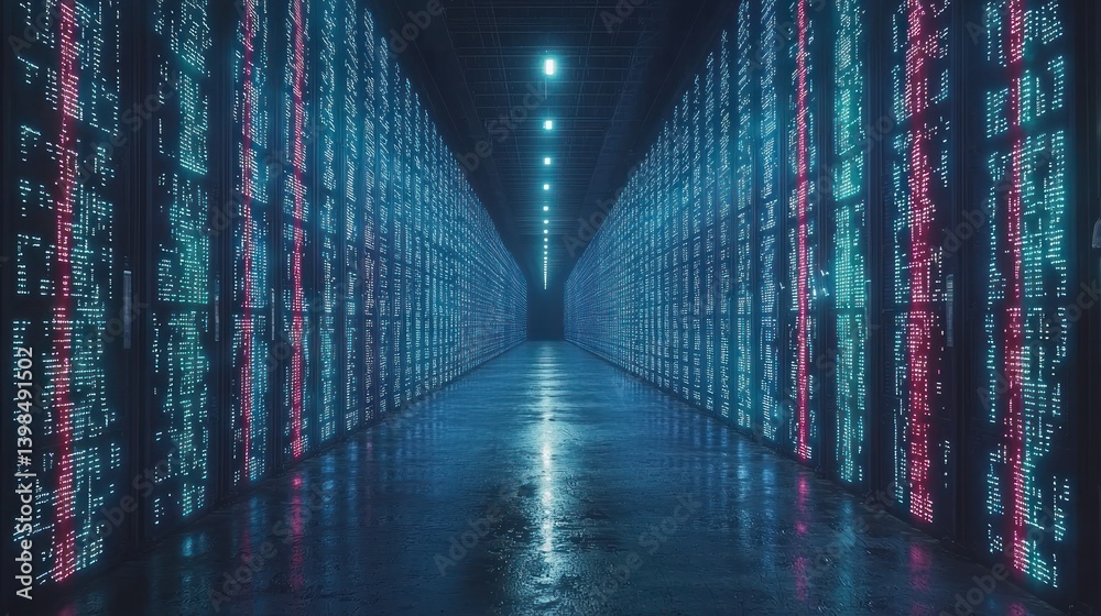 Poster digital data corridor: a mesmerizing view of endless data streams in a futuristic server room.