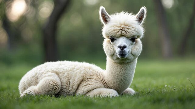 White alpaca calf on the grass