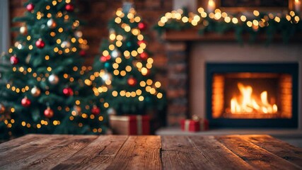 Sparkling effects on a wooden backdrop showcasing a fireplace.