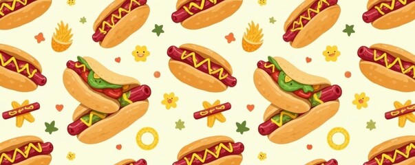 Cute hot dog illustrations in a fun doodle style for seamless pattern design, Snack, Ingredient