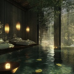 Tranquil Spa Retreat: Serene Indoor Pool with Floating Leaves