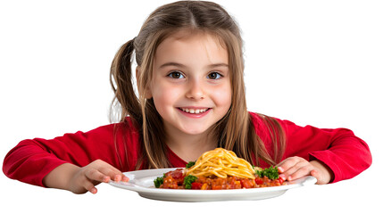 a young girl holding a plate of food, eating spaghetti on a transparent background, PNG image, PNG file, Generative art.