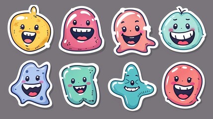 A colorful happy smiling face label shape set, Collection of trendy retro sticker cartoon shapes, Funny comic character art and quote patch bundle, Generative AI illustrations.