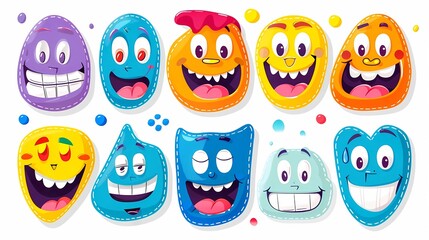 Obraz premium A colorful happy smiling face label shape set, Collection of trendy retro sticker cartoon shapes, Funny comic character art and quote patch bundle, Generative AI illustrations.