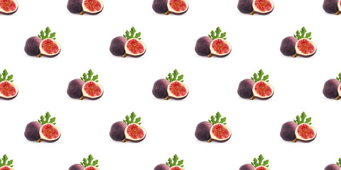 Seamless pattern of fresh figs with leaves displaying vibrant red interior isolated on white background