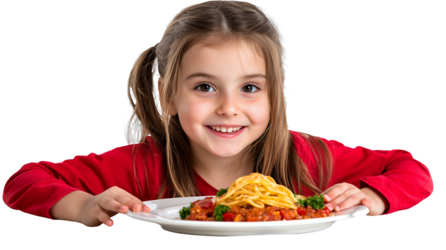 a young girl holding a plate of food, eating spaghetti on a transparent background, PNG image, PNG file, Generative art. - Powered by Adobe