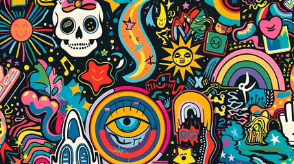 Naklejka premium A cool Groovy Stickers Background, Y2k Patches Collage, Pop Art Illustration Vector Design, Funky Pattern, Generative AI illustrations.