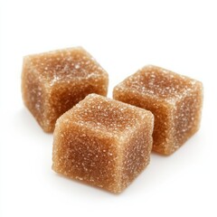 Three brown sugar cubes on clean white surface