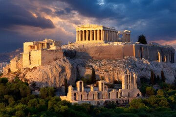 Fototapeta premium Ancient Acropolis at Dusk: Witness the majestic Acropolis bathed in the warm glow of the setting sun, a testament to ancient history and architectural wonder.