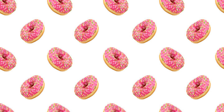 Pink donut with sprinkles repeating pattern isolated on white background