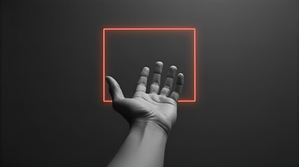 Reaching for the Light: 3D Render of Hand and Neon Square, Minimalist Abstract Art, Gray and Orange