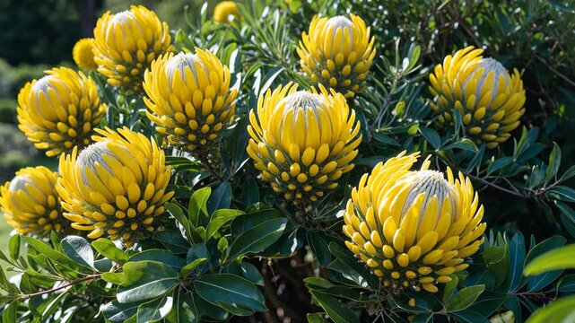 Vibrant yellow Pincushion Proteas in full bloom, highlighting unique spherical flower heads.