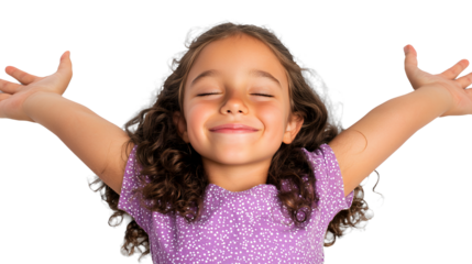 a photo of a little girl smiling with her eyes closed and her arms in the air in front of her face on a transparent background, PNG image, PNG file, Generative art.