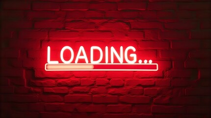 Red Neon Loading Sign on Brick Wall Background Aesthetic Glowing Bar Sign Digital Art Graphic Design Wallpaper