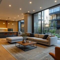 Fototapeta premium Modern Living Room Interior Design with Stunning City View
