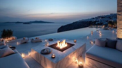 Santorini sunset luxury villa fire pit poolside relaxation